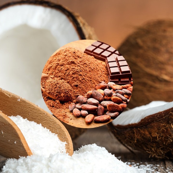 Desiccated Coconut background and Cocoa and Chocolate in the middle.