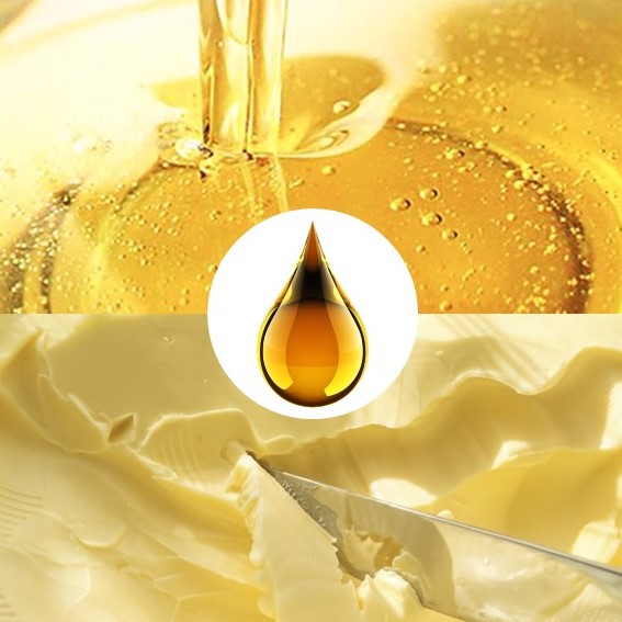 Oil drop in the middle, frying oil on the top and vegetable fat on the bottom.