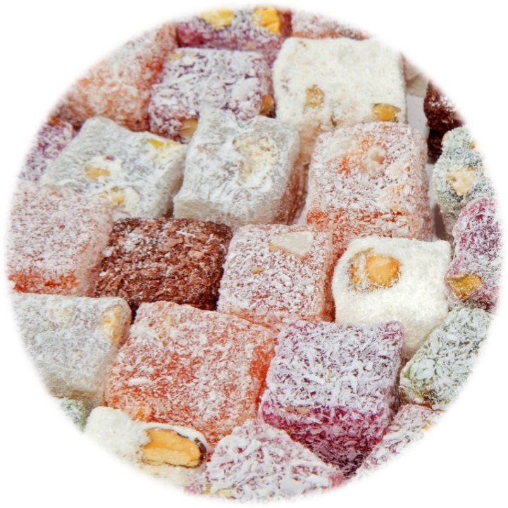                                                                 Desiccated Coconut on top of Multicolor Turkish Delight.
                                                                                                                                                                                                